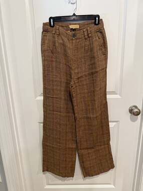 Sundance Brewster Plaid Pants Womens Sz 4 100% Linen Wide Leg Trousers Brown